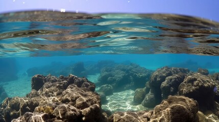 Photo of fish near the surface of the water near the rocky shore, near coral reef