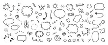Set Of Cute Pen Line Doodle Element Vector. Hand Drawn Doodle Style Collection Of Heart, Arrows, Scribble, Speech Bubble, Flower, Stars, Words. Design For Print, Cartoon, Card, Decoration, Sticker.