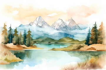 generative ai illustration of beautiful landscape with mountains and lakes in watercolor, aquarelle look