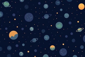 Wall Mural - simple seamless Beautiful and eye catchy colour planets and stars, simple field background, isometric, bright vector, Dark blue background, themed pattern, Generative AI