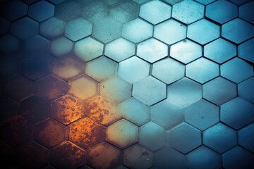 Poster - hexagonal pattern in orange and blue colors. Generative AI