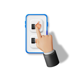 Poster - 3D Thumbs Up and Thumbs Down Hands Gestures in Mobile Phone Isolated. Render Like and Dislike Hand Symbols on Screen. Customer Rating or Vote Icons. Cartoon Fingers Gestures. Vector Illustration