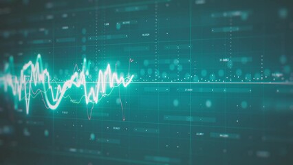 Poster - Business Trading Live Stats On Electronic Screen/ 4k animation of a business background with statistics lines progress on computer screen with noise and blur effect