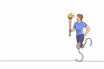 Poster - continuous one line drawing faceless disabled female or sportswoman holding flaming torch in running