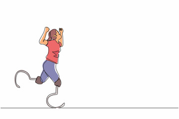 Poster - Single continuous line drawing woman athlete marathon runner with prostheses instead of legs. Sports for disabled, Disability games. Run. Active life with physical injury. One line draw design vector