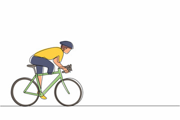 Poster - continuous one line drawing male athlete cyclist with physical disabilities in action at championshi