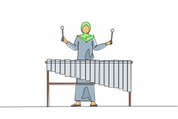 Poster - Single one line drawing woman Arabian percussion player play marimba. Young female musician playing traditional Mexican marimba instrument at music festival. Continuous line draw design graphic vector