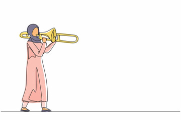 Poster - Single one line drawing Arabian trombone player. Female performer play wind instrument. Music artist girl. Jazz woman. Musician play trumpet. Classic music event. Continuous line design graphic vector
