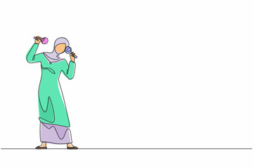 Poster - Single continuous line drawing Arabian woman street band player mariachi plays maracas. Female performer with maracas musical instruments, mariachi player at national festival. One line design vector