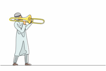 Poster - Continuous one line drawing Arabian trombone player. Male performer play wind instrument. Music artist boy. Jazz man. Musician play trumpet. Classic music event. Single line draw graphic design vector