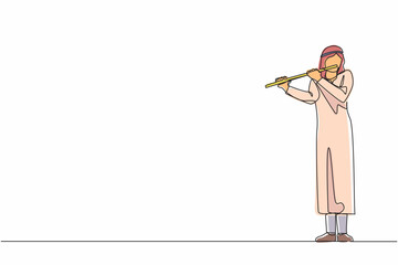 Poster - Single continuous line drawing Arab male musician playing flute, standing on stage. Flutist performing classical music on wind instrument. Solo performance of talented flautist. One line design vector