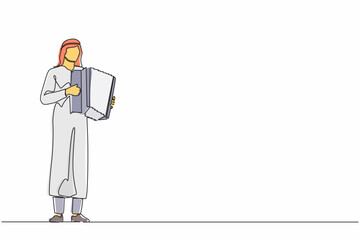 Poster - Single continuous line drawing Arab man musician playing accordion. Male performer plays acoustic musical instrument. Accordionist perform playing music instrument. One line draw graphic design vector