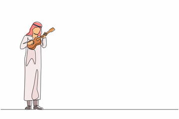 Poster - Single one line drawing Arab guy playing on ukulele and singing having fun. Male musician holding small guitar and singing. Man play on musical instrument. Continuous line draw design graphic vector