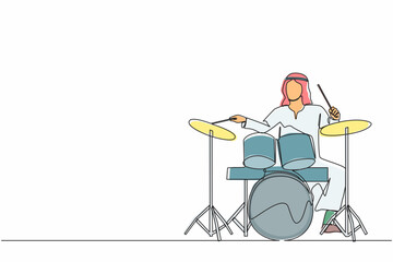 Poster - Single one line drawing Arab male musician, jazz, rock and roll playing drum instruments, percussion. Music festival, pop concert, wedding party performance. Continuous line draw design graphic vector