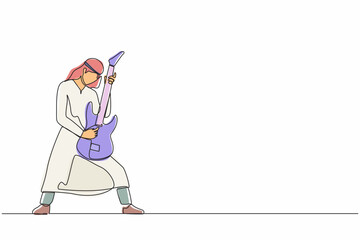 Poster - Continuous one line drawing Arabian male musician playing electric guitar. Man practicing in playing guitar. Guitarist perform playing music instrument on stage. Single line draw design vector graphic