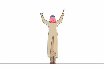 Poster - Continuous one line drawing back view of Arab man conductor performing on stage, male musician in tuxedo directing classic instrumental symphony orchestra. Single line draw design vector illustration