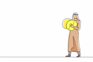 Poster - Single continuous line drawing Arabian male musician playing cymbals. Man performer playing classical music with percussion musical instrument. Person performs on stage. One line graphic design vector