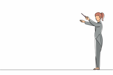 Poster - Single one line drawing woman music conductor. Female musician perform on stage directing symphony orchestra. Classical music performance, instrumental ensemble. Continuous line design graphic vector