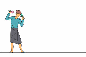 Poster - Continuous one line drawing woman street band player mariachi plays maracas. Female performer with maracas musical instruments, mariachi player at national festival. Single line design vector graphic