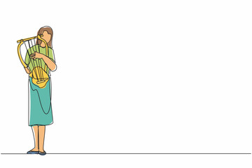 Poster - Continuous one line drawing female musician playing musical lyre. Classical music orchestra woman artist with music instrument. Professional musician performs on stage. Single line draw design vector