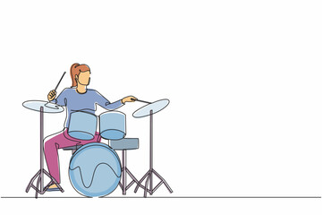 Poster - Single one line drawing female musician, jazz, rock and roll playing drum instruments, percussion. Music festival, pop concert, wedding party performance. Continuous line draw design graphic vector