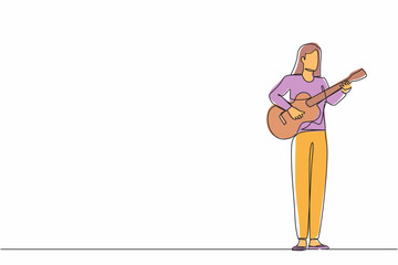 Poster - Continuous one line drawing young woman playing acoustic guitar. Teenage girl musician playing strings at musical performance. Professional musician. Single line design vector graphic illustration