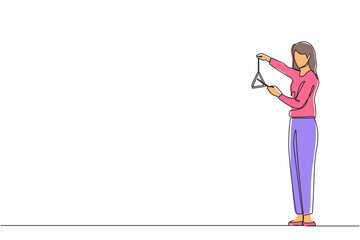 Poster - Single continuous line drawing female musician playing musical triangle. Classical music orchestra woman artist with music instrument. Professional musician performs on stage. One line design vector
