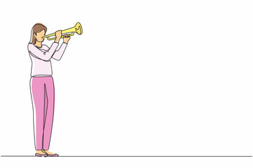 Poster - Single one line drawing woman playing trumpet. Music instrumental. Jazz musician playing trumpet instrument. Trumpet player. Orchestra performer. Music performance. Continuous line draw design vector