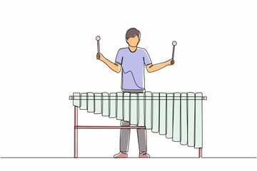 Poster - Continuous one line drawing man percussion player play marimba. Young male musician playing traditional Mexican marimba instrument at music festival. Single line design vector graphic illustration