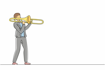 Poster - Single one line drawing trombone player. Male performer play wind instrument. Music artist boy. Jazz man. Musician play trumpet. Entertainment. Classic music event. Continuous line draw design vector
