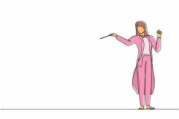 Poster - Continuous one line drawing woman music orchestra conductor. Female musician in tuxedo suit with arm gestures. Expressive conductor directs orchestra during performance. Single line draw design vector