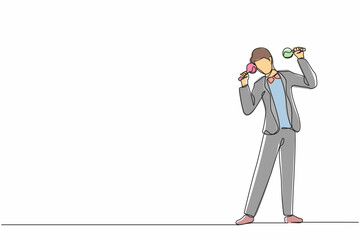 Poster - continuous one line drawing man street band player mariachi plays maracas. male performer with marac