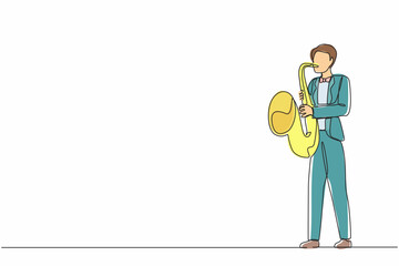Poster - Single continuous line drawing saxophonist. Jazz or blues musician, man plays saxophone. Male performer in festival jazz music, jazz band performances. One line draw graphic design vector illustration