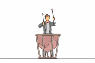Poster - Single continuous line drawing male percussion player play on timpani. Man performer holding stick and playing musical instrument. Musical instrument timpani. One line draw design vector illustration
