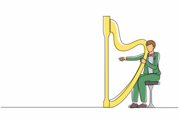 Poster - Single one line drawing man musician playing harp. Classical music performer character with musical instrument. Male sitting and playing harp. Continuous line draw design graphic vector illustration