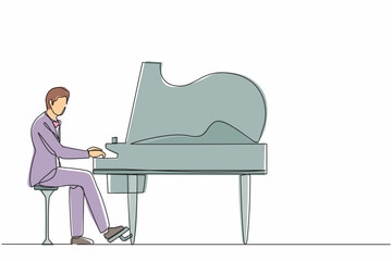Poster - Continuous one line drawing man plays piano. Male performer sits at musical instrument and plays jazz or blues. Professional musician. Person performs on stage. Single line draw design vector graphic