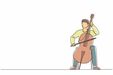 Poster - Single one line drawing young male performer playing on contrabass. Cellist man playing cello, musician playing classical music instrument. Continuous line draw design graphic vector illustration