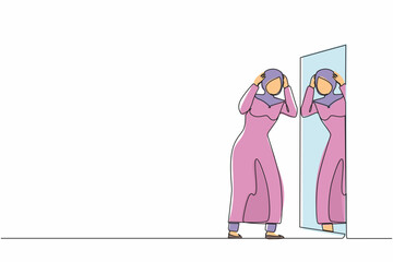 Poster - Single one line drawing frustrated Arabian businesswoman see herself failure in mirror. Mental health problems. Anxiety and lack of self confidence. Continuous line design graphic vector illustration