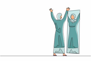 Poster - Single continuous line drawing happy Arab businesswoman look in mirror with raised hands. Reflection in mirror. High self esteem psychology. Victory, success motivation. One line graphic design vector