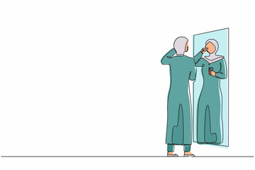 Poster - Continuous one line drawing Arabian businesswoman wearing formal hijab making selfie in stand in front of mirror. Woman taking selfie. Addiction on smartphone, internet. Single line draw design vector