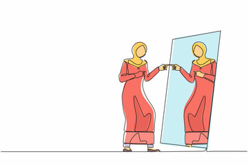 Poster - Single continuous line drawing narcissistic Arab businesswoman looks at mirror. Woman self reflection. Narcissism and vanity. Look selfishness, narcissistic, admiring. One line graphic design vector