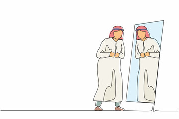 Poster - Single continuous line drawing Arab businessman looking at mirror, look at himself, adjusting his Arabian clothes button of formal wear, prepare himself for working. One line graphic design vector