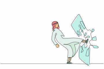 Poster - Single one line drawing Arabian businessman kicked mirror and shattered it. Breaking impossible barrier. Business motivation, breakthrough concept. Continuous line design graphic vector illustration