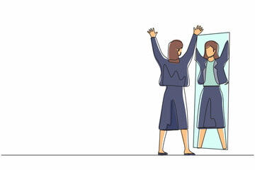 Poster - Continuous one line drawing happy businesswoman look in mirror with raised hands. Reflection in mirror. High self esteem psychology. Victory, success motivation. Single line draw design vector graphic