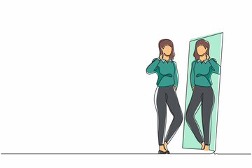 Poster - single continuous line drawing businesswoman choosing blazer for business meeting. woman trying on c