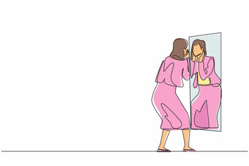 Poster - Single one line drawing businesswoman holding her face on reflection mirror. Woman applying lotion on face after bathing or wash her face, looking at mirror. Continuous line draw design graphic vector