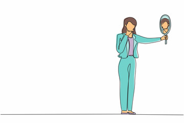 Poster - Single one line drawing businesswoman holding hand mirror. Female manager with hand mirror. Woman looking at herself in mirror. Narcissism and reflection concept. Continuous line draw design vector