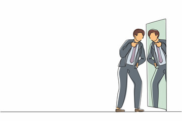 Poster - continuous one line drawing angry businessman fight with mirror reflection. furious guy have inner c