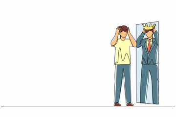 Poster - Single one line drawing narcissistic businessman looking at mirror and seeing in reflection of himself with crown on his head. Person overestimate, self confidence. Continuous line draw design vector