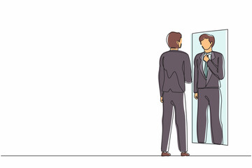 Poster - single continuous line drawing businessman adjusting tie in front of mirror. man checking his appear